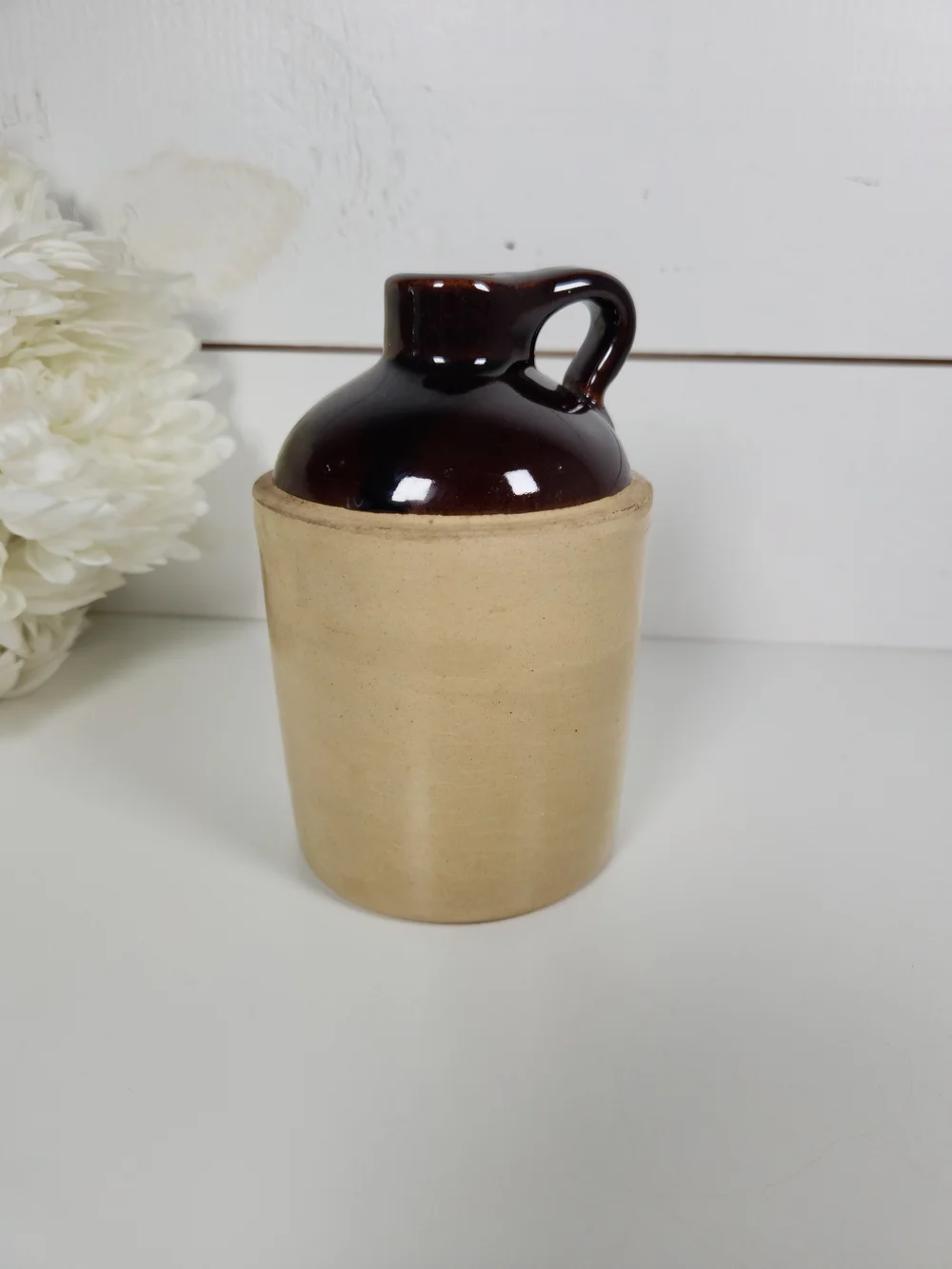 Small Vintage Brown & Beige Stoneware Pottery Jug | Rustic Farmhouse Decor
